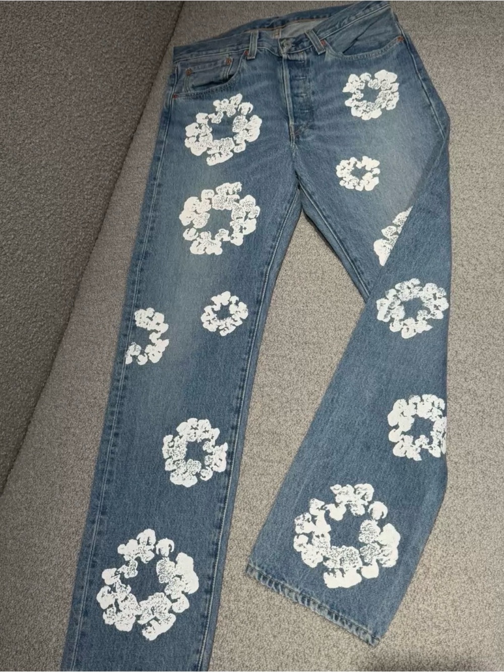 Women’s Blue Denim Jeans with White Floral Print